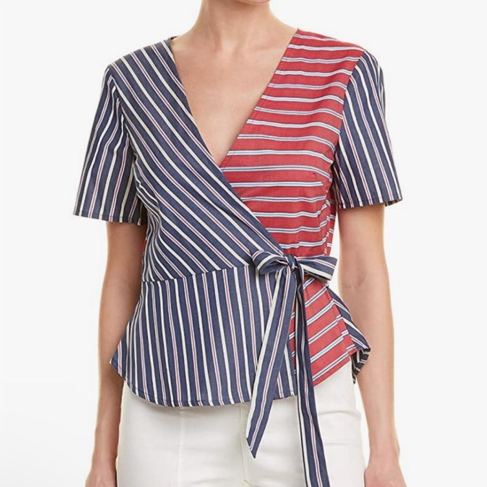 BCBGeneration Red & Blue Mixed Print Wrap Top Size Large New with Tag